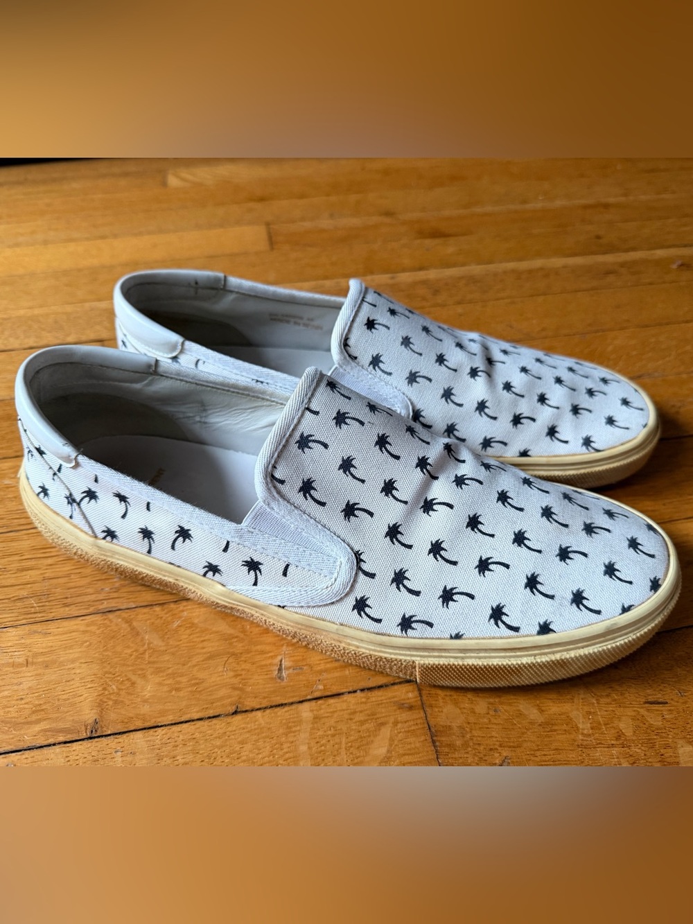 Saint Laurent White Canvas Slip-On Loafers with Black Palm Print